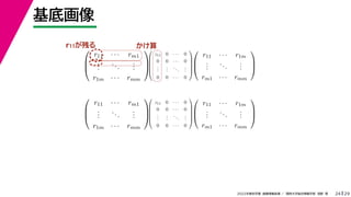 29
2022年度秋学期 画像情報処理 ／ 関西大学総合情報学部 浅野 晃
基底画像
24



r11 · · · rm1
.
.
.
...
.
.
.
r1m · · · rmm









z11 0 · · · 0
0 0 · · · 0
.
.
.
.
.
.
...
.
.
.
0 0 · · · 0









r11 · · · r1m
.
.
.
...
.
.
.
rm1 · · · rmm






r11 · · · rm1
.
.
.
...
.
.
.
r1m · · · rmm









z11 0 · · · 0
0 0 · · · 0
.
.
.
.
.
.
...
.
.
.
0 0 · · · 0









r11 · · · r1m
.
.
.
...
.
.
.
rm1 · · · rmm



r11が残る かけ算
 