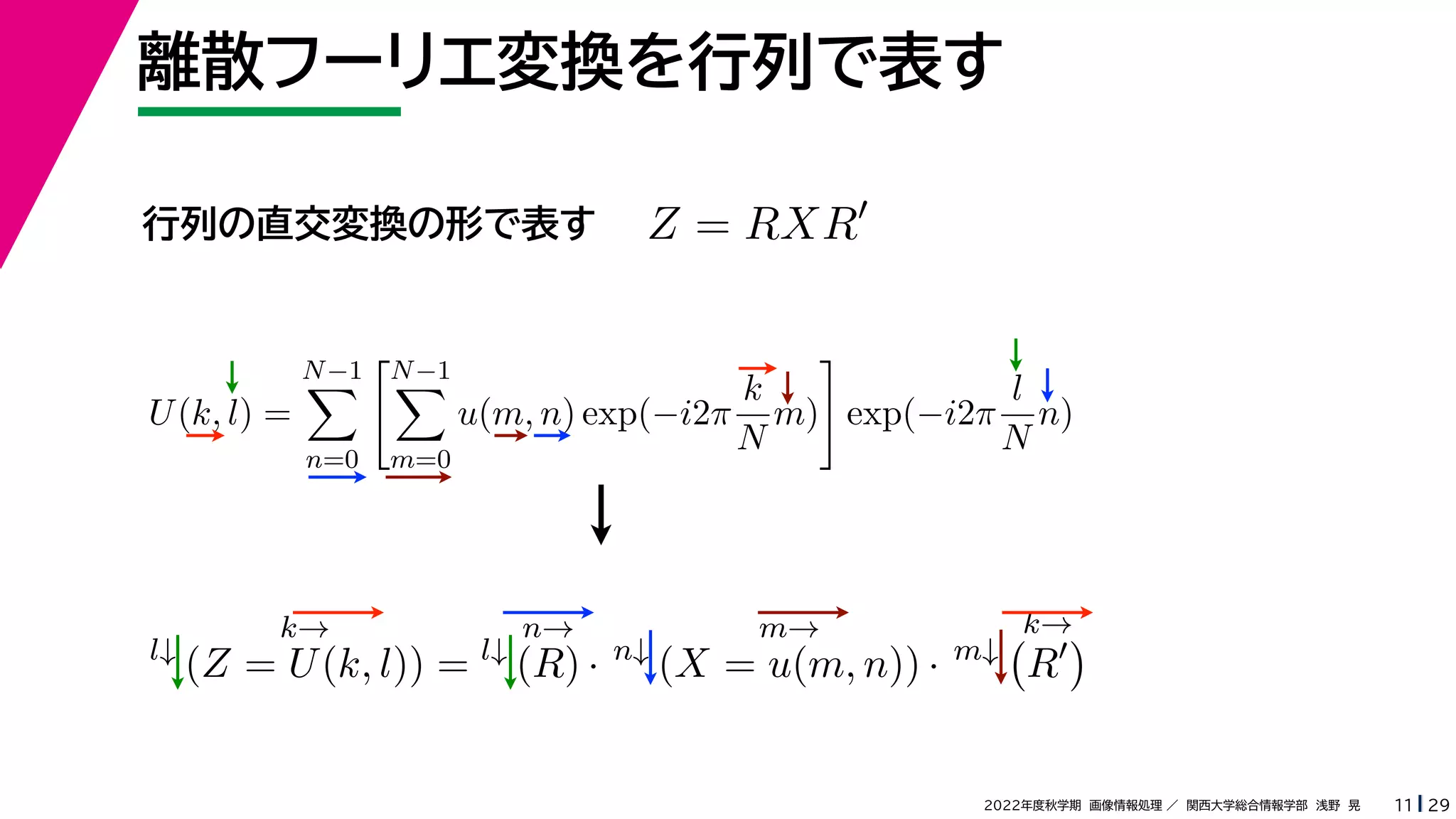29
2022年度秋学期 画像情報処理 ／ 関西大学総合情報学部 浅野 晃
離散フーリエ変換を行列で表す
11
行列の直交変換の形で表す Z = RXR
l↓
k→
(Z = U(k, l)) = l↓
n→
(R) · n↓
m→
(X = u(m, n)) · m↓
k→

R

U(k, l) =
N−1

n=0
N−1

m=0
u(m, n) exp(−i2π
k
N
m)

exp(−i2π
l
N
n)
 
