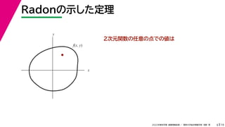 19
2022年度秋学期 画像情報処理 ／ 関西大学総合情報学部 浅野 晃
Radonの示した定理
6
２次元関数の任意の点での値は
x
y
f(x, y)
 