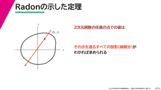 19
2022年度秋学期 画像情報処理 ／ 関西大学総合情報学部 浅野 晃
Radonの示した定理
6
２次元関数の任意の点での値は
その点を通るすべての投影（線積分）が
わかれば求められる
x
y
f(x, y)
 