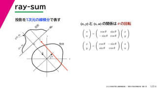 19
2022年度秋学期 画像情報処理 ／ 関西大学総合情報学部 浅野 晃
ray-sum
13
投影を１次元の線積分で表す
x
y
θ
s
軸
s
g(s, θ)
u
物体
投
影
0
g(0, θ)
s
(x, y) と (s, u) の関係は θ の回転

s
u

=

cos θ sin θ
− sin θ cos θ
 
x
y


x
y

=

cos θ − sin θ
sin θ cos θ
 
s
u

 