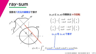 19
2022年度秋学期 画像情報処理 ／ 関西大学総合情報学部 浅野 晃
ray-sum
13
投影を１次元の線積分で表す
x
y
θ
s
軸
s
g(s, θ)
u
物体
投
影
0
g(0, θ)
s
(x, y) と (s, u) の関係は θ の回転

s
u

=

cos θ sin θ
− sin θ cos θ
 
x
y


x
y

=

cos θ − sin θ
sin θ cos θ
 
s
u

g(s, θ) =
 ∞
−∞
f(s cos θ − u sin θ, s sin θ + u cos θ)du
(x, y) を (s, u) で表す
 
