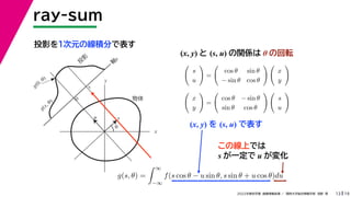 19
2022年度秋学期 画像情報処理 ／ 関西大学総合情報学部 浅野 晃
ray-sum
13
投影を１次元の線積分で表す
x
y
θ
s
軸
s
g(s, θ)
u
物体
投
影
0
g(0, θ)
s
この線上では
s が一定で u が変化
(x, y) と (s, u) の関係は θ の回転

s
u

=

cos θ sin θ
− sin θ cos θ
 
x
y


x
y

=

cos θ − sin θ
sin θ cos θ
 
s
u

g(s, θ) =
 ∞
−∞
f(s cos θ − u sin θ, s sin θ + u cos θ)du
(x, y) を (s, u) で表す
 