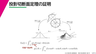 19
2022年度秋学期 画像情報処理 ／ 関西大学総合情報学部 浅野 晃
投影切断面定理の証明
16
fx
F(fx, fy)
fy
θ
ξ
断面
F(ξcosθ, ξsinθ)
ξ
Gθ(ξ)
等しい
x
y
θ
s
s
g(s, θ)
u
物体
投
影
物体の２次元
フーリエ変換
投影の１次元
フーリエ変換
Gθ(ξ) =
 ∞
−∞
g(s, θ) exp(−i2πξs)ds
g(s, θ) =
 ∞
−∞
f(s cos θ − u sin θ, s sin θ + u cos θ)du
ray-sum
 