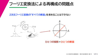 19
2022年度秋学期 画像情報処理 ／ 関西大学総合情報学部 浅野 晃
フーリエ変換法による再構成の問題点
18
fx
F(fx, fy)
fy
θ
ξ
断面
F(ξcosθ, ξsinθ)
ξ
Gθ(ξ)
等しい
x
y
θ
s
s
g(s, θ)
u
物体
投
影
物体の２次元
フーリエ変換
投影の１次元
フーリエ変換
２次元フーリエ変換の「すべての断面」を求めることはできない
fx
fy
ひとつの投影＝ひとつの断面
 