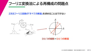 19
2022年度秋学期 画像情報処理 ／ 関西大学総合情報学部 浅野 晃
フーリエ変換法による再構成の問題点
18
fx
F(fx, fy)
fy
θ
ξ
断面
F(ξcosθ, ξsinθ)
ξ
Gθ(ξ)
等しい
x
y
θ
s
s
g(s, θ)
u
物体
投
影
物体の２次元
フーリエ変換
投影の１次元
フーリエ変換
２次元フーリエ変換の「すべての断面」を求めることはできない
fx
fy
ひとつの投影＝ひとつの断面
 