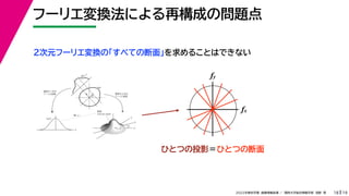 19
2022年度秋学期 画像情報処理 ／ 関西大学総合情報学部 浅野 晃
フーリエ変換法による再構成の問題点
18
fx
F(fx, fy)
fy
θ
ξ
断面
F(ξcosθ, ξsinθ)
ξ
Gθ(ξ)
等しい
x
y
θ
s
s
g(s, θ)
u
物体
投
影
物体の２次元
フーリエ変換
投影の１次元
フーリエ変換
２次元フーリエ変換の「すべての断面」を求めることはできない
fx
fy
ひとつの投影＝ひとつの断面
 