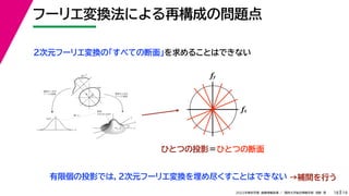 19
2022年度秋学期 画像情報処理 ／ 関西大学総合情報学部 浅野 晃
フーリエ変換法による再構成の問題点
18
fx
F(fx, fy)
fy
θ
ξ
断面
F(ξcosθ, ξsinθ)
ξ
Gθ(ξ)
等しい
x
y
θ
s
s
g(s, θ)
u
物体
投
影
物体の２次元
フーリエ変換
投影の１次元
フーリエ変換
２次元フーリエ変換の「すべての断面」を求めることはできない
fx
fy
ひとつの投影＝ひとつの断面
有限個の投影では，２次元フーリエ変換を埋め尽くすことはできない →補間を行う
 