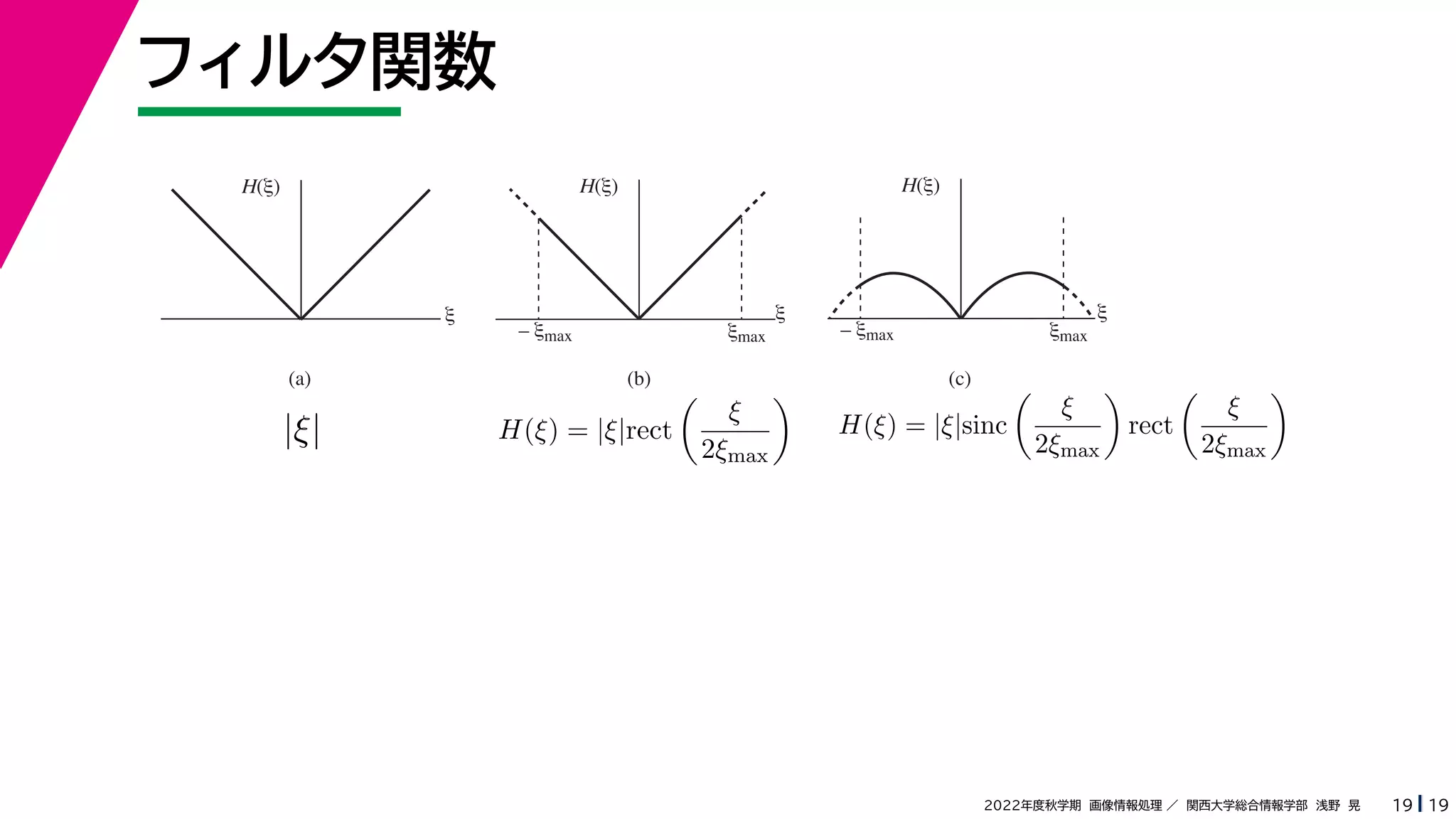 19
2022年度秋学期 画像情報処理 ／ 関西大学総合情報学部 浅野 晃
フィルタ関数
19
ξ
H(ξ)
ξmax
– ξmax
ξ
H(ξ)
ξ
H(ξ)
ξmax
– ξmax
(a) (b) (c)
|ξ| H(ξ) = |ξ|rect

ξ
2ξmax

H(ξ) = |ξ|sinc

ξ
2ξmax

rect

ξ
2ξmax

 