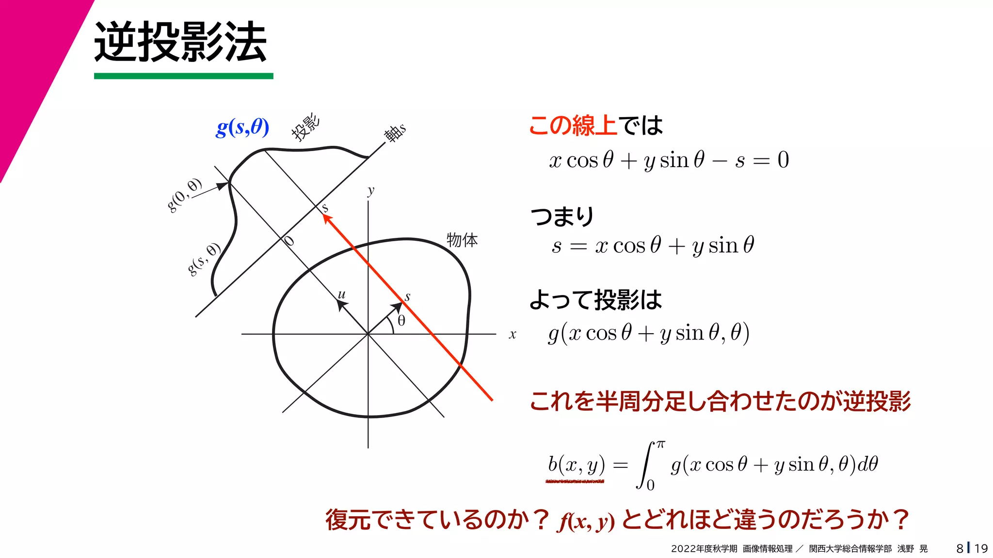 19
2022年度秋学期 画像情報処理 ／ 関西大学総合情報学部 浅野 晃
逆投影法
8
g(s,θ)
x
y
θ
s
軸
s
g(s, θ)
u
物体
投
影
0
g(0, θ)
s
この線上では
これを半周分足し合わせたのが逆投影
x cos θ + y sin θ − s = 0
s = x cos θ + y sin θ
つまり
よって投影は
g(x cos θ + y sin θ, θ)
b(x, y) =
 π
0
g(x cos θ + y sin θ, θ)dθ
復元できているのか？ f(x, y) とどれほど違うのだろうか？
 