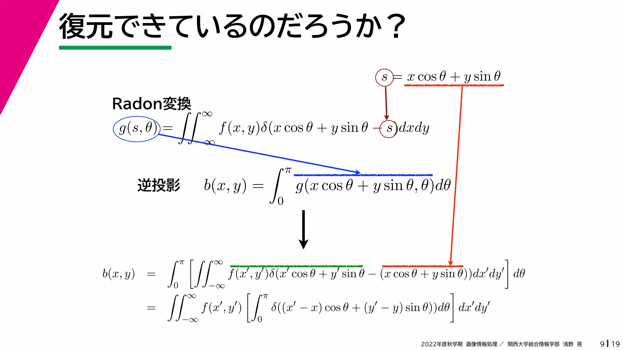 19
2022年度秋学期 画像情報処理 ／ 関西大学総合情報学部 浅野 晃
復元できているのだろうか？
9
s = x cos θ + y sin θ
b(x, y) =
 π
0
g(x cos θ + y sin θ, θ)dθ
g(s, θ) =
 ∞
−∞
f(x, y)δ(x cos θ + y sin θ − s)dxdy
Radon変換
逆投影
b(x, y) =
 π
0
 ∞
−∞
f(x
, y
)δ(x
cos θ + y
sin θ − (x cos θ + y sin θ))dx
dy

dθ
=
 ∞
−∞
f(x
, y
)
 π
0
δ((x
− x) cos θ + (y
− y) sin θ))dθ

dx
dy
 