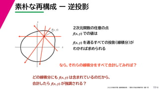 19
2022年度秋学期 画像情報処理 ／ 関西大学総合情報学部 浅野 晃
素朴な再構成 ー 逆投影
7
２次元関数の任意の点
f(x, y) での値は
f(x, y) を通るすべての投影（線積分）が
わかれば求められる
x
y
f(x, y)
なら，それらの線積分をすべて合計してみれば？
どの線積分にも f(x, y) は含まれているのだから，
合計したら f(x, y) が強調される？
 