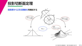 19
2022年度秋学期 画像情報処理 ／ 関西大学総合情報学部 浅野 晃
投影切断面定理
3
投影群から２次元関数を再構成する
fx
F(fx, fy)
fy
θ
ξ
断面
F(ξcosθ, ξsinθ)
ξ
Gθ(ξ)
等しい
x
y
θ
s
s
g(s, θ)
u
物体
投
影
物体の２次元
フーリエ変換
投影の１次元
フーリエ変換
 