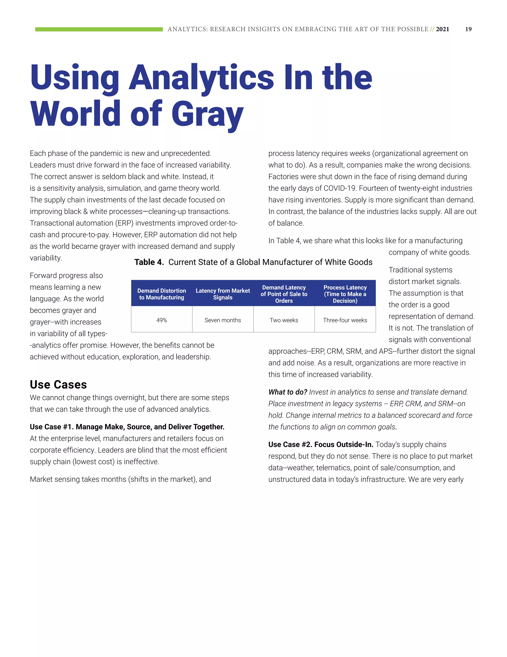 19
ANALYTICS: RESEARCH INSIGHTS ON EMBRACING THE ART OF THE POSSIBLE // 2021
Each phase of the pandemic is new and unprecedented.
Leaders must drive forward in the face of increased variability.
The correct answer is seldom black and white. Instead, it
is a sensitivity analysis, simulation, and game theory world.
The supply chain investments of the last decade focused on
improving black & white processes—cleaning-up transactions.
Transactional automation (ERP) investments improved order-to-
cash and procure-to-pay. However, ERP automation did not help
as the world became grayer with increased demand and supply
variability.
Forward progress also
means learning a new
language. As the world
becomes grayer and
grayer--with increases
in variability of all types-
-analytics offer promise. However, the benefits cannot be
achieved without education, exploration, and leadership.
Use Cases
We cannot change things overnight, but there are some steps
that we can take through the use of advanced analytics.
Use Case #1. Manage Make, Source, and Deliver Together.
At the enterprise level, manufacturers and retailers focus on
corporate efficiency. Leaders are blind that the most efficient
supply chain (lowest cost) is ineffective.
Market sensing takes months (shifts in the market), and
process latency requires weeks (organizational agreement on
what to do). As a result, companies make the wrong decisions.
Factories were shut down in the face of rising demand during
the early days of COVID-19. Fourteen of twenty-eight industries
have rising inventories. Supply is more significant than demand.
In contrast, the balance of the industries lacks supply. All are out
of balance.
In Table 4, we share what this looks like for a manufacturing
company of white goods.
Traditional systems
distort market signals.
The assumption is that
the order is a good
representation of demand.
It is not. The translation of
signals with conventional
approaches--ERP, CRM, SRM, and APS--further distort the signal
and add noise. As a result, organizations are more reactive in
this time of increased variability.
What to do? Invest in analytics to sense and translate demand.
Place investment in legacy systems -- ERP, CRM, and SRM--on
hold. Change internal metrics to a balanced scorecard and force
the functions to align on common goals.
Use Case #2. Focus Outside-In. Today’s supply chains
respond, but they do not sense. There is no place to put market
data--weather, telematics, point of sale/consumption, and
unstructured data in today’s infrastructure. We are very early
Using Analytics In the
World of Gray
Table 4. Current State of a Global Manufacturer of White Goods
Demand Distortion
to Manufacturing
Latency from Market
Signals
Demand Latency
of Point of Sale to
Orders
Process Latency
(Time to Make a
Decision)
49% Seven months Two weeks Three-four weeks
 