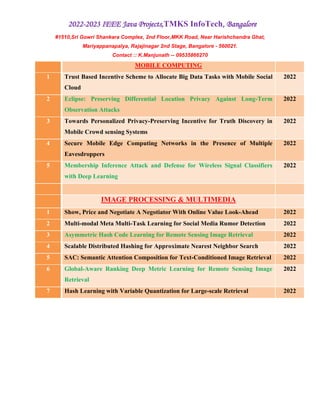 2022-2023 IEEE Java Projects,TMKS InfoTech, Bangalore
#1510,Sri Gowri Shankara Complex, 2nd Floor,MKK Road, Near Harishchandra Ghat,
Mariyappanapalya, Rajajinagar 2nd Stage, Bangalore - 560021.
Contact :: K.Manjunath -- 09535866270
MOBILE COMPUTING
1 Trust Based Incentive Scheme to Allocate Big Data Tasks with Mobile Social
Cloud
2022
2 Eclipse: Preserving Differential Location Privacy Against Long-Term
Observation Attacks
2022
3 Towards Personalized Privacy-Preserving Incentive for Truth Discovery in
Mobile Crowd sensing Systems
2022
4 Secure Mobile Edge Computing Networks in the Presence of Multiple
Eavesdroppers
2022
5 Membership Inference Attack and Defense for Wireless Signal Classifiers
with Deep Learning
2022
IMAGE PROCESSING & MULTIMEDIA
1 Show, Price and Negotiate A Negotiator With Online Value Look-Ahead 2022
2 Multi-modal Meta Multi-Task Learning for Social Media Rumor Detection 2022
3 Asymmetric Hash Code Learning for Remote Sensing Image Retrieval 2022
4 Scalable Distributed Hashing for Approximate Nearest Neighbor Search 2022
5 SAC: Semantic Attention Composition for Text-Conditioned Image Retrieval 2022
6 Global-Aware Ranking Deep Metric Learning for Remote Sensing Image
Retrieval
2022
7 Hash Learning with Variable Quantization for Large-scale Retrieval 2022
 