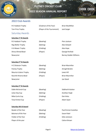 Page 8 Return to Contents
PUTNEY CRICKET CLUB
2022 SEASON ANNUAL REPORT
2022 Club Awards
R E Haddock Trophy (Clubman of the Year) Brian MacMillan
Tom Price Trophy (Player of the Tournament) Jack Sorger
Saturday Awards
Saturday 1st
XI Awards
R E Haddock Trophy (Bowling) Piers Jackson
Reg Weller Trophy (Batting) Alex Ockwell
H A Mawer Trophy (Fielding) Alex Hope
Shiraz Ahmed Bowl (Player) George Penfold
Newcomer Barney Hodder Williams
Saturday 2nd
XI Awards
H C Dickeson Trophy (Bowling) Brian Macmillan
Putney Trophy (Batting) Amogh Bendre
Maurice Lickens Trophy (Fielding) Lewis Hill
Racchitt Khanna Bowl (Player) Brian Macmillan
Newcomer Joe Steed
Saturday 3rd
XI Awards
Eddie McVarish Cup (Bowling) Siddharth Asokan
Julian Day Cup (Batting) Avishkar Singh
Mike Curtis Cup (Fielding) Dan Hicks
Tony Fenton Cup (Player) Adam Sayer
Saturday 4th XI Award
Bowler of the Year (Bowling) Paul Emmet Costelloe
Batsman of the Year (Batting) Savan Patel
Fielder of the Year (Fielding) Giles Jameson
Player of the year Callum Brown
 