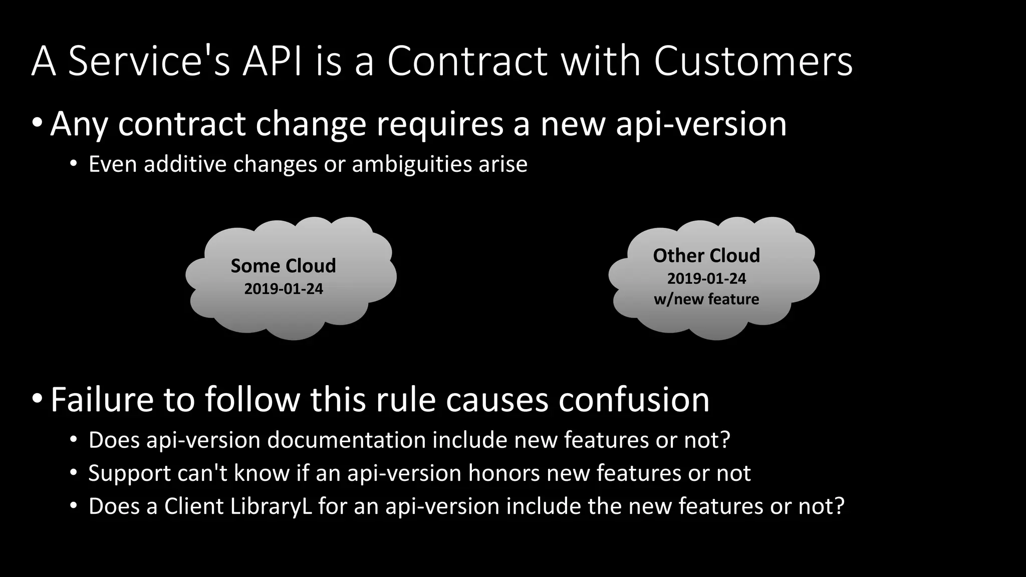 •Any contract change requires a new api-version
• Even additive changes or ambiguities arise
•Failure to follow this rule causes confusion
• Does api-version documentation include new features or not?
• Support can't know if an api-version honors new features or not
• Does a Client LibraryL for an api-version include the new features or not?
A Service's API is a Contract with Customers
Some Cloud
2019-01-24
Other Cloud
2019-01-24
w/new feature
 