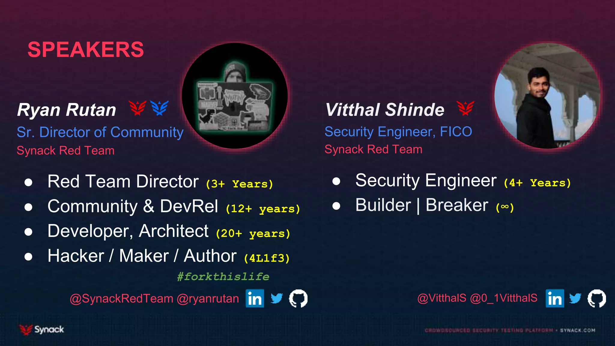 Vitthal Shinde
Security Engineer, FICO
Synack Red Team
● Security Engineer (4+ Years)
● Builder | Breaker (∞)
Ryan Rutan
Sr. Director of Community
Synack Red Team
● Red Team Director (3+ Years)
● Community & DevRel (12+ years)
● Developer, Architect (20+ years)
● Hacker / Maker / Author (4L1f3)
#forkthislife
SPEAKERS
@SynackRedTeam @ryanrutan @VitthalS @0_1VitthalS
 