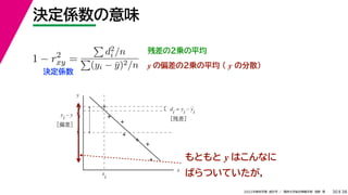38
2022年度秋学期 統計学 ／ 関西大学総合情報学部 浅野 晃
決定係数の意味
30
残差の２乗の平均
1 − r2
xy =

d2
i /n

(yi − ȳ)2/n
決定係数
y の偏差の２乗の平均 （ y の分散）
もともと y はこんなに
ばらついていたが，
x
y
y
di = yi – yi
［残差］
y
i
y
i – y
［偏差］
y
i
x
i
 