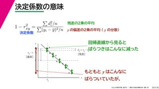 38
2022年度秋学期 統計学 ／ 関西大学総合情報学部 浅野 晃
決定係数の意味
30
残差の２乗の平均
1 − r2
xy =

d2
i /n

(yi − ȳ)2/n
決定係数
y の偏差の２乗の平均 （ y の分散）
もともと y はこんなに
ばらついていたが，
回帰直線から見ると
ばらつきはこんなに減った
x
y
y
di = yi – yi
［残差］
y
i
y
i – y
［偏差］
y
i
x
i
 