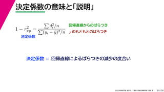 38
2022年度秋学期 統計学 ／ 関西大学総合情報学部 浅野 晃
決定係数の意味と「説明」
31
回帰直線からのばらつき
1 − r2
xy =

d2
i /n

(yi − ȳ)2/n
決定係数
y のもともとのばらつき
決定係数 = 回帰直線によるばらつきの減少の度合い
 