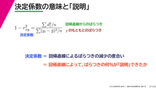 38
2022年度秋学期 統計学 ／ 関西大学総合情報学部 浅野 晃
決定係数の意味と「説明」
31
回帰直線からのばらつき
1 − r2
xy =

d2
i /n

(yi − ȳ)2/n
決定係数
y のもともとのばらつき
決定係数 = 回帰直線によるばらつきの減少の度合い
＝ 回帰直線によって，ばらつきの何%が「説明」できたか
 