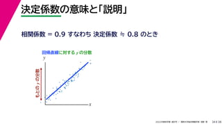 38
2022年度秋学期 統計学 ／ 関西大学総合情報学部 浅野 晃
決定係数の意味と「説明」
34
相関係数 = 0.9 すなわち 決定係数 ≒ 0.8 のとき
回帰直線に対する y の分散
もとの
y
の分散
x
y
 