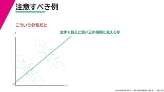 38
2022年度秋学期 統計学 ／ 関西大学総合情報学部 浅野 晃
注意すべき例
38
全体で見ると弱い正の相関に見えるが
x
y
こういう分布だと
 