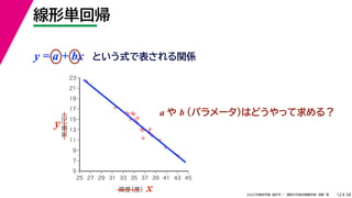 38
2022年度秋学期 統計学 ／ 関西大学総合情報学部 浅野 晃
線形単回帰
12



















5
7
9
11
13
15
17
19
21
23
25 27 29 31 33 35 37 39 41 43 45
気温
（℃）
緯度
（度）x
y
y = a + bx という式で表される関係
a や b （パラメータ）はどうやって求める？
 