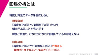 38
2022年度秋学期 統計学 ／ 関西大学総合情報学部 浅野 晃
回帰分析とは
4
緯度と気温のデータを例にとると
相関分析
「緯度が上がると，気温が下がる」という
傾向があることを見いだす
回帰分析
「緯度が上がるから気温が下がる」と考える
緯度が１度上がると，気温が◯℃下がる
緯度と気温の，どちらがどちらに影響しているかは考えない
 