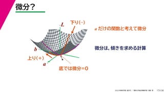 38
2022年度秋学期 統計学 ／ 関西大学総合情報学部 浅野 晃
微分?
17
a
b
L
★
a
b
L
a だけの関数と考えて微分
微分は，傾きを求める計算
下り(–)
上り(+)
底では微分=0
 