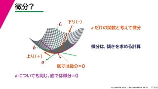 38
2022年度秋学期 統計学 ／ 関西大学総合情報学部 浅野 晃
微分?
17
a
b
L
★
a
b
L
a だけの関数と考えて微分
微分は，傾きを求める計算
下り(–)
上り(+)
底では微分=0
b についても同じ，底では微分=0
 