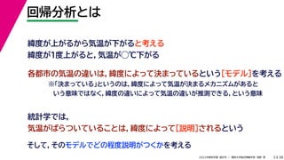 38
2022年度秋学期 統計学 ／ 関西大学総合情報学部 浅野 晃
回帰分析とは
5
緯度が上がるから気温が下がると考える
緯度が１度上がると，気温が◯℃下がる
各都市の気温の違いは，緯度によって決まっているという［モデル］を考える
統計学では，
気温がばらついていることは，緯度によって［説明］されるという
そして，そのモデルでどの程度説明がつくかを考える
※「決まっている」というのは，緯度によって気温が決まるメカニズムがあると
いう意味ではなく，緯度の違いによって気温の違いが推測できる，という意味
 