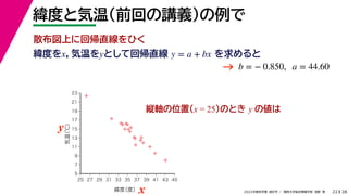 38
2022年度秋学期 統計学 ／ 関西大学総合情報学部 浅野 晃
緯度と気温（前回の講義）の例で
22
緯度をx，気温をyとして回帰直線 を求めると
y = a + bx
b = − 0.850, a = 44.60
縦軸の位置(x = 25)のとき y の値は



















5
7
9
11
13
15
17
19
21
23
25 27 29 31 33 35 37 39 41 43 45
気温
（℃）
緯度
（度）x
y
→
散布図上に回帰直線をひく
 