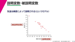 38
2022年度秋学期 統計学 ／ 関西大学総合情報学部 浅野 晃
説明変数・被説明変数
6
［説明変数］



















5
7
9
11
13
15
17
19
21
23
25 27 29 31 33 35 37 39 41 43 45
気温
（℃）
緯度
（度）
気温は緯度によって説明される（というモデル）
［被説明変数］
 
