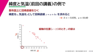 38
2022年度秋学期 統計学 ／ 関西大学総合情報学部 浅野 晃
緯度と気温（前回の講義）の例で
22
緯度をx，気温をyとして回帰直線 を求めると
y = a + bx
b = − 0.850, a = 44.60
縦軸の位置(x = 25)のとき y の値は



















5
7
9
11
13
15
17
19
21
23
25 27 29 31 33 35 37 39 41 43 45
気温
（℃）
緯度
（度）x
y
→
散布図上に回帰直線をひく
 