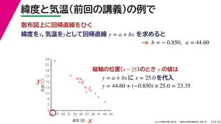 38
2022年度秋学期 統計学 ／ 関西大学総合情報学部 浅野 晃
緯度と気温（前回の講義）の例で
22
緯度をx，気温をyとして回帰直線 を求めると
y = a + bx
b = − 0.850, a = 44.60
縦軸の位置(x = 25)のとき y の値は
y = a + bx に x = 25.0 を代入



















5
7
9
11
13
15
17
19
21
23
25 27 29 31 33 35 37 39 41 43 45
気温
（℃）
緯度
（度）x
y
y = 44.60 + (−0.850) × 25.0 = 23.35
→
散布図上に回帰直線をひく
 