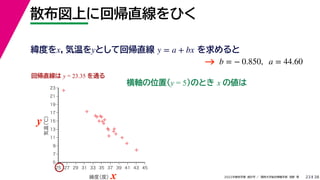 38
2022年度秋学期 統計学 ／ 関西大学総合情報学部 浅野 晃
散布図上に回帰直線をひく
23



















5
7
9
11
13
15
17
19
21
23
25 27 29 31 33 35 37 39 41 43 45
気温
（℃）
緯度
（度）x
y
回帰直線は y = 23.35 を通る
横軸の位置(y = 5)のとき x の値は
緯度をx，気温をyとして回帰直線 を求めると
y = a + bx
b = − 0.850, a = 44.60
→
 