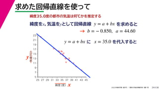 38
2022年度秋学期 統計学 ／ 関西大学総合情報学部 浅野 晃
求めた回帰直線を使って
24
緯度35.0度の都市の気温は何℃かを推定する
y = a + bx に x = 35.0 を代入すると



















5
7
9
11
13
15
17
19
21
23
25 27 29 31 33 35 37 39 41 43 45
気温
（℃）
緯度
（度） x
y
緯度をx，気温をyとして回帰直線 y = a + bx を求めると
b = − 0.850, a = 44.60
→
 