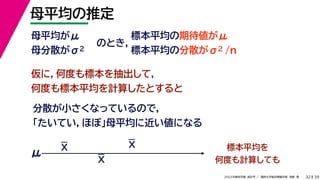 39
2022年度秋学期 統計学 ／ 関西大学総合情報学部 浅野 晃
母平均の推定
32
母平均がμ
母分散がσ2
のとき，
標本平均の期待値がμ
標本平均の分散がσ2 /n
仮に，何度も標本を抽出して，
何度も標本平均を計算したとすると
分散が小さくなっているので，
「たいてい，ほぼ」母平均に近い値になる
標本平均を
何度も計算しても
μ
X
X
X
 