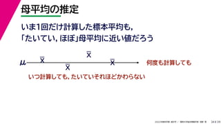39
2022年度秋学期 統計学 ／ 関西大学総合情報学部 浅野 晃
母平均の推定
34
いま１回だけ計算した標本平均も，
「たいてい，ほぼ」母平均に近い値だろう
何度も計算しても
μ
いつ計算しても，たいていそれほどかわらない
X
X
X
X
 