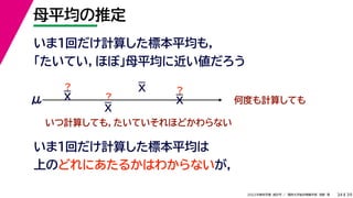 39
2022年度秋学期 統計学 ／ 関西大学総合情報学部 浅野 晃
母平均の推定
34
いま１回だけ計算した標本平均も，
「たいてい，ほぼ」母平均に近い値だろう
いま1回だけ計算した標本平均は
上のどれにあたるかはわからないが，
何度も計算しても
μ
いつ計算しても，たいていそれほどかわらない
？
？
？
X
X
X
X
 