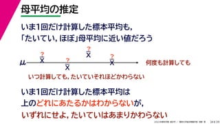 39
2022年度秋学期 統計学 ／ 関西大学総合情報学部 浅野 晃
母平均の推定
34
いま１回だけ計算した標本平均も，
「たいてい，ほぼ」母平均に近い値だろう
いま1回だけ計算した標本平均は
上のどれにあたるかはわからないが，
何度も計算しても
μ
いつ計算しても，たいていそれほどかわらない
いずれにせよ，たいていはあまりかわらない
？
？
？
？
X
X
X
X
 