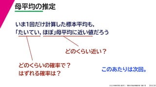 39
2022年度秋学期 統計学 ／ 関西大学総合情報学部 浅野 晃
母平均の推定
39
いま１回だけ計算した標本平均も，
「たいてい，ほぼ」母平均に近い値だろう
どのくらい近い？
どのくらいの確率で？
はずれる確率は？
このあたりは次回。
 