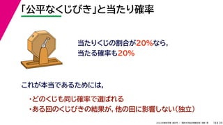 39
2022年度秋学期 統計学 ／ 関西大学総合情報学部 浅野 晃
「公平なくじびき」と当たり確率
18
これが本当であるためには，
当たりくじの割合が20%なら，
当たる確率も20%
・どのくじも同じ確率で選ばれる
・ある回のくじびきの結果が，他の回に影響しない（独立）
 