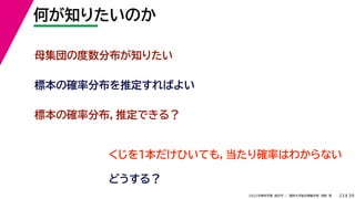 39
2022年度秋学期 統計学 ／ 関西大学総合情報学部 浅野 晃
何が知りたいのか
23
母集団の度数分布が知りたい
標本の確率分布を推定すればよい
標本の確率分布，推定できる？
くじを１本だけひいても，当たり確率はわからない
どうする？
 
