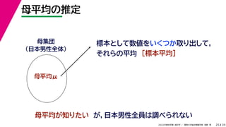 39
2022年度秋学期 統計学 ／ 関西大学総合情報学部 浅野 晃
母平均の推定
25
標本として数値をいくつか取り出して，
それらの平均
母平均が知りたい
母集団
（日本男性全体）
母平均μ
が，日本男性全員は調べられない
［標本平均］
 