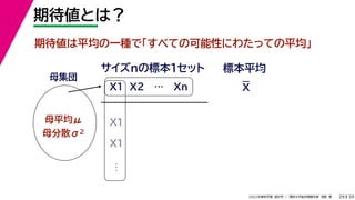 39
2022年度秋学期 統計学 ／ 関西大学総合情報学部 浅野 晃
期待値とは？
29
母集団
母平均μ
母分散σ2
X1 X2 … Xn
サイズnの標本１セット 標本平均
X1
X1
…
期待値は平均の一種で「すべての可能性にわたっての平均」
X
 