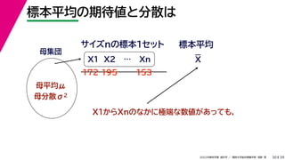 39
2022年度秋学期 統計学 ／ 関西大学総合情報学部 浅野 晃
標本平均の期待値と分散は
30
母集団
母平均μ
母分散σ2
X1 X2 … Xn
サイズnの標本１セット 標本平均
X1からXnのなかに極端な数値があっても，
172 195 153
X
 