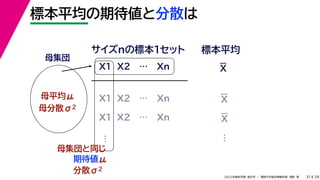 39
2022年度秋学期 統計学 ／ 関西大学総合情報学部 浅野 晃
標本平均の期待値と分散は
31
母集団
母平均μ
母分散σ2
X1 X2 … Xn
サイズnの標本１セット 標本平均
X1 X2 … Xn
X1 X2 … Xn
母集団と同じ
期待値μ
…
分散σ2
…
X
X
X
 